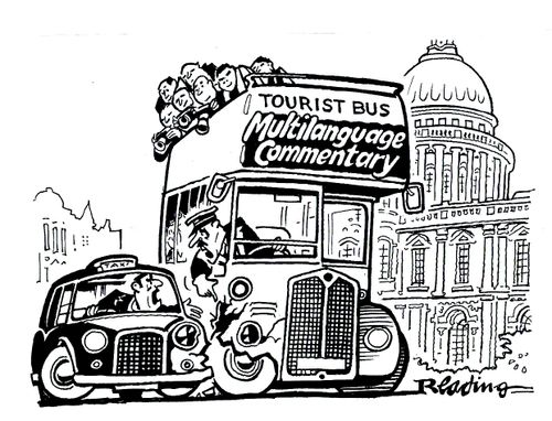 Multi-language tour bus.