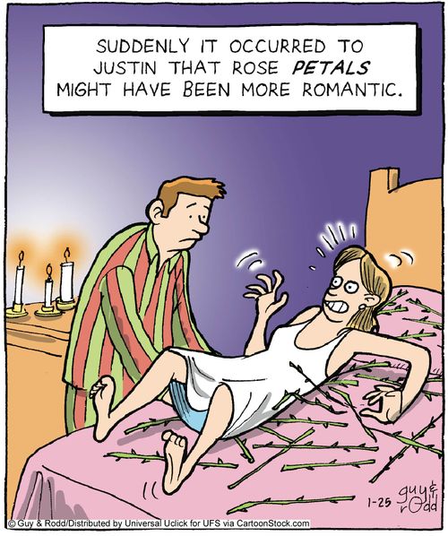 Suddenly it occurred to Justin that rose petals might have been more romantic.