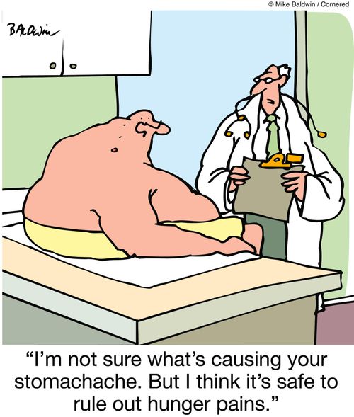 "I'm not sure what's causing your stomachache. But I think it's safe to rule out hunger pains."
