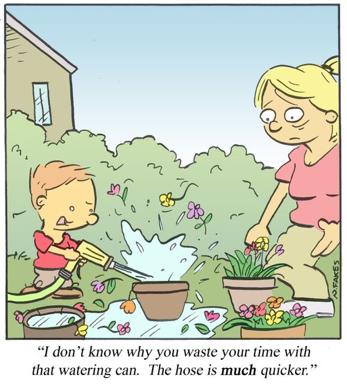 'I don't know why you waste your time with that watering can. The hose is much quicker.'