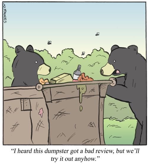"I heard this dumpster got a bad review, but we'll try it out anyhow."