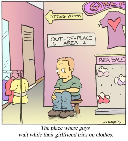 The place where guys wait while their girlfriend tries on clothes.