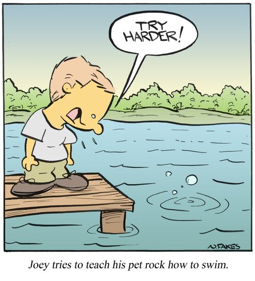 Joey tries to teach his pet rock how to swim.