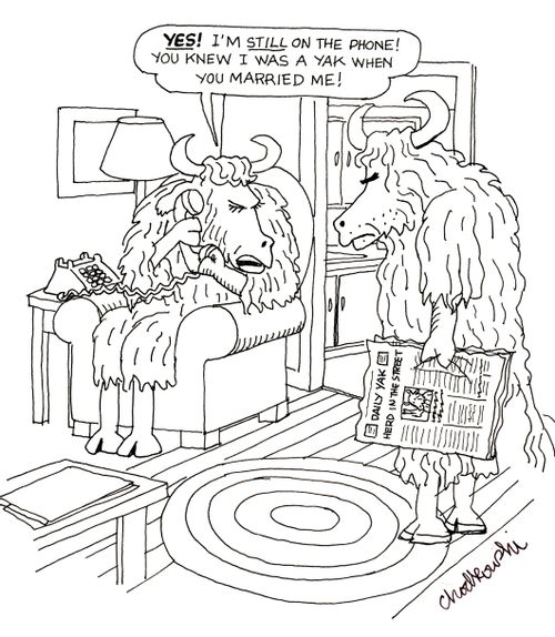 "Yes! I'm still on the phone! You knew I was a yak when you married me!"