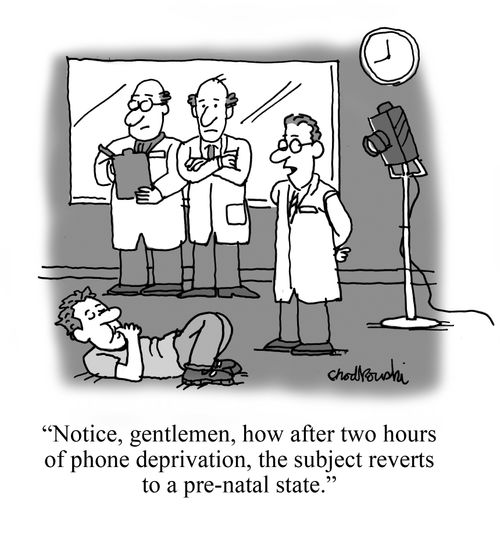 "Notice, gentlemen, how after two hours of phone deprivation, the subject reverts to a pre-natal state."