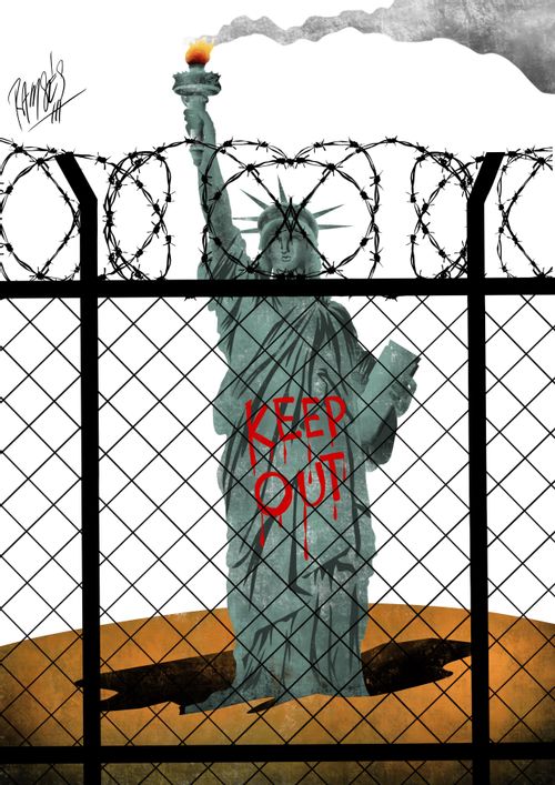 The Statue of Liberty is spraypainted with a 'keep out' sign.