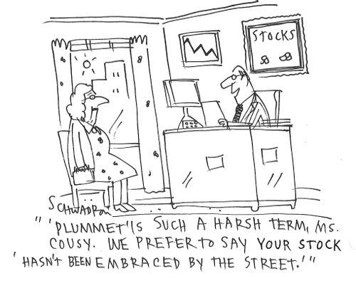 "'Plummet' is such a harsh term, Ms. Cousy. We prefer to say your stock hasn't been embraced by the street."