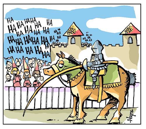 Knight being ridiculed for the condition of his lance.
