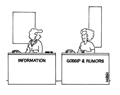 Two desks manned by women - one marked 'information' the other marked 'gossip and rumors'.