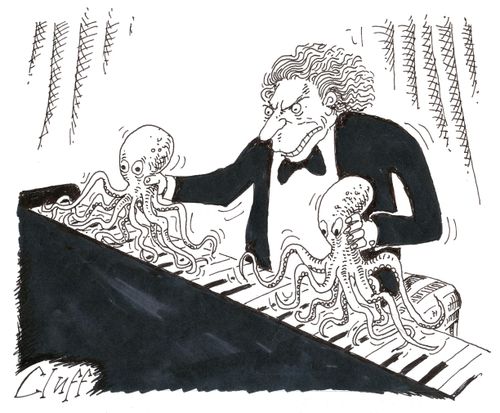 Man plays the piano with two Octopus.