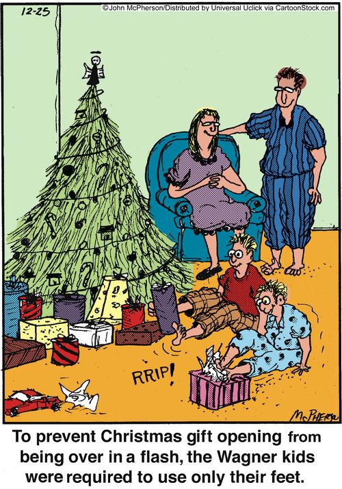 To prevent Christmas git opening from being over in a flash, the Wagner kids were required to use only their feet.