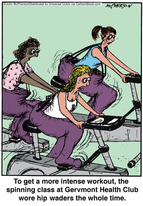 To get a more intense workout, the spinning class at Gervmont Health Club worse hip waders the whole time.