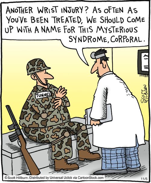 'Another wrist injury? As often as you've been treated, we should come up with a name for this mysterious syndrome, corporal.'