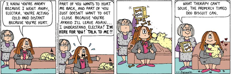 'What therapy can't solve, the properly timed dog biscuit can.'