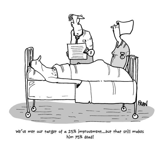 'We've met our target of a 25% improvement...but that still makes him 75% dead!'