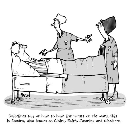'Guidelines say we have to have five nurses on the ward. This is Sandra, also known as Claire, Faith, Jasmine and Nicolette.'