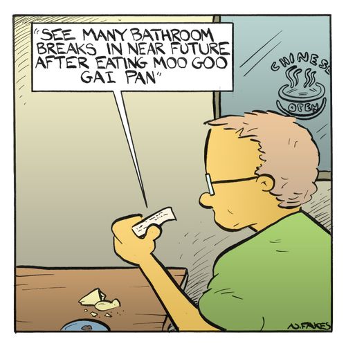 'See many bathroom breaks in near future after eating Moo Goo Gai Pan.'