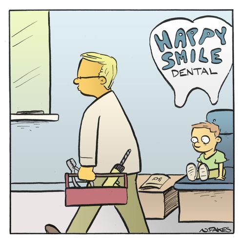 Nervous Kid sees the dentist's toolkit.