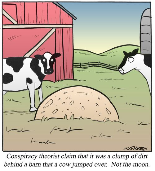 Conspiracy theorist claim that it was a clump of dirt behind a barn that a cow jumped over. Not the moon.