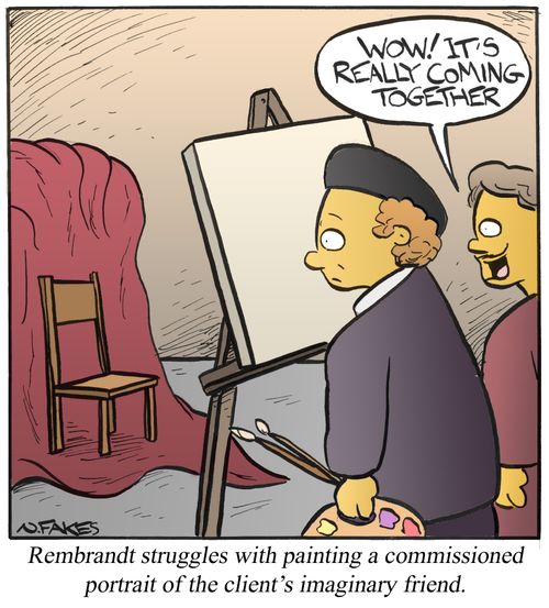 Rembrandt struggles with painting a commissioned portrait of the client's imaginary friend.