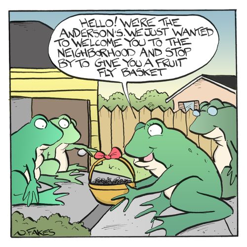 'Hello! We're the Anderson's. We just wanted to welcome you to the neighbourhood and stop  y to give you a fruit fly basket.'