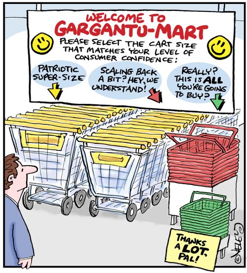 Welcome to Gargantu-Mart: Please select the cart size that matches your level of consumer confidence...
