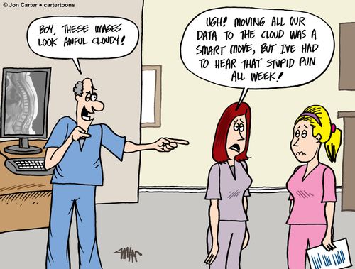"Ugh! Moving all our data to the cloud was a smart move, but I've had to hear that stupid pun all week!"