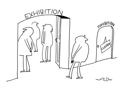 An exhibition is open for business while an inhibition remains closed.