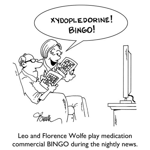 Leo and Florence Wolfe play medication commercial BINGO during the nightly news.
