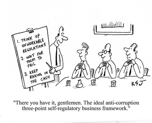 'There you have it, gentlemen. The ideal anti-corruption three-pint self-regulatory business framework.'