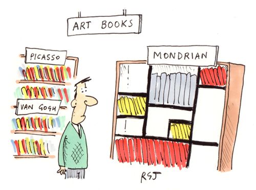 Mondrian art books arranged in the style of his paintings.