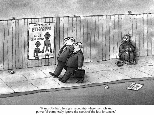 Business men in street looking at poster, "It must be hard living in a country where the rich and the powerful completely ignore the needs of the less fortunate"