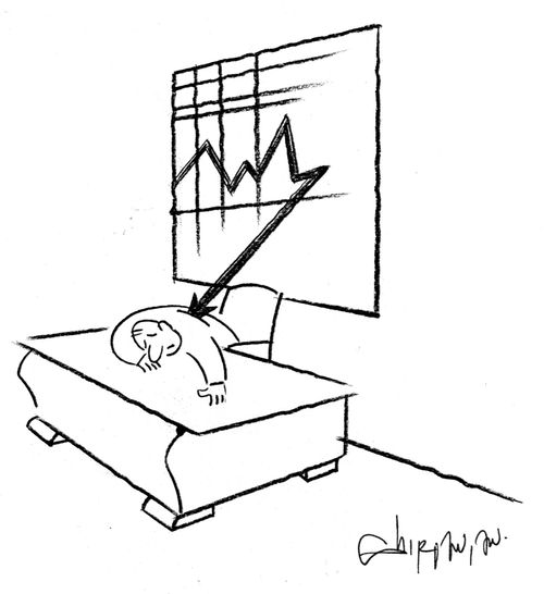 Man stabbed by fallin arrow on wall chart.