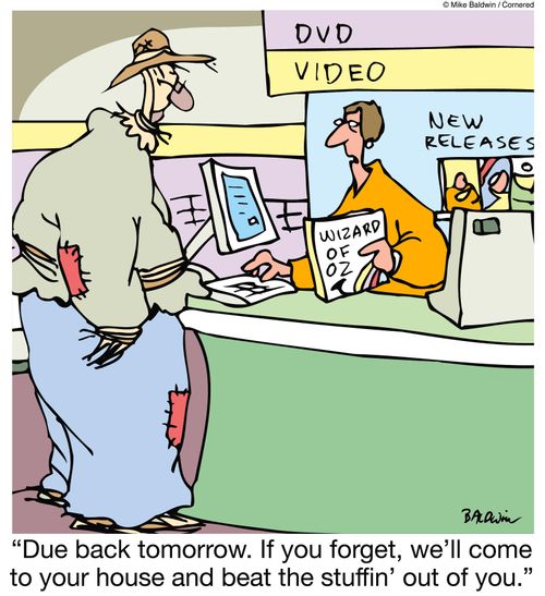 "Due back tomorrow. If you forget, we'll come to your house and beat the stuffin' out of you."