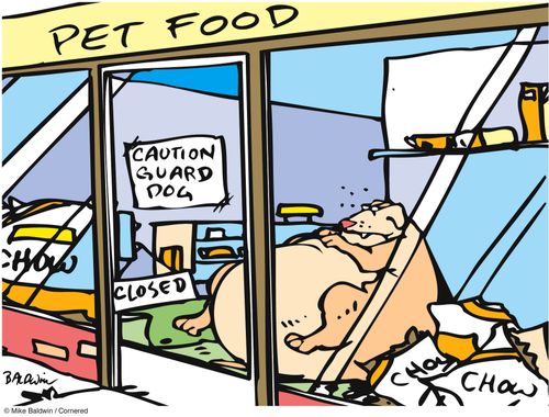 Pet Food store, Sign reads: Caution Guard Dog.