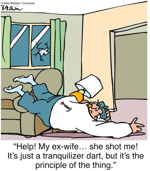 "Help! My ex-wife... she shot me! It's just a tranquilizer dart, but it's the principle of the thing."