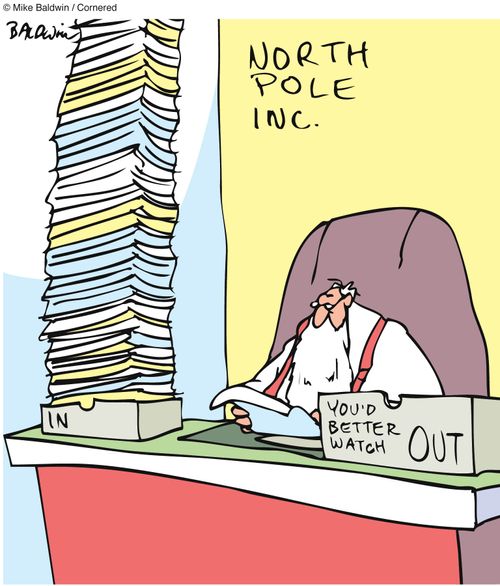 Santa's office with 'In' and 'You'd better watch Out' Trays.