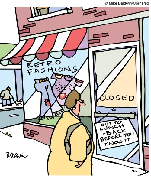 Retro Fashions door sign reads 'Out to lunch -back before you know it.'