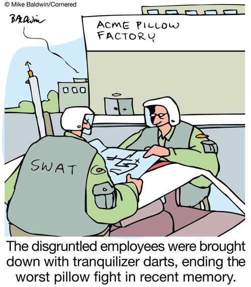 The disgruntled employees were brought down with tranquilizer darts, ending the worst pillow fight in recent memory.