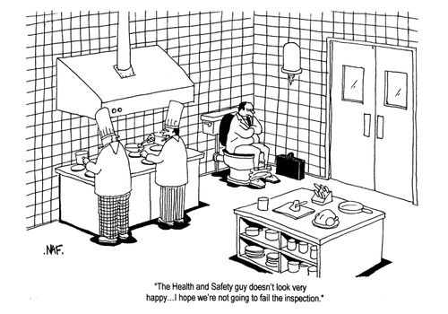 'The Health and Safety guy doesn't look very happy...I hope we're not gonig to fail the inspection.'