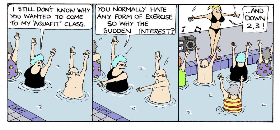 Husband's sudden interest in Aquafit is all because of the sexy instructor.