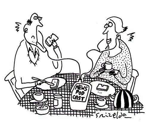 Couple listening to news podcast whilst eating breakfast.