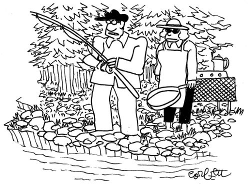 Wife with frying pan waits for hubby to catch fish.