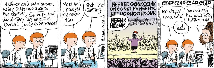 'Half-crazed with nerves Petey Otterloop awaits the start of the winter concert.'