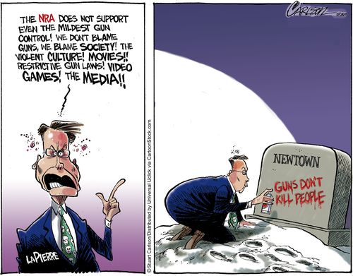 'The NRA does not support even the mildest gun control! We don't blame guns, we blame society! The violent culture! Movies!! Restrictive gun laws! Video games! The media!!'