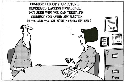 'Confused about your future, depressed, lacking confidence, not sure who you can trust...I'd suggest you avoid any election news and watch modern family instead.'