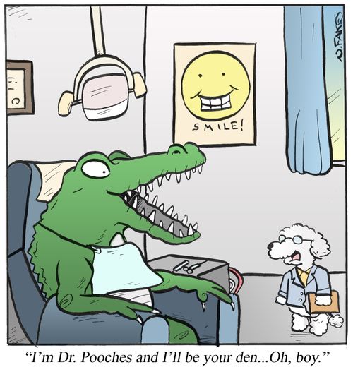 'I'm Dr. Pooches and I'll be your den...Oh, boy.'