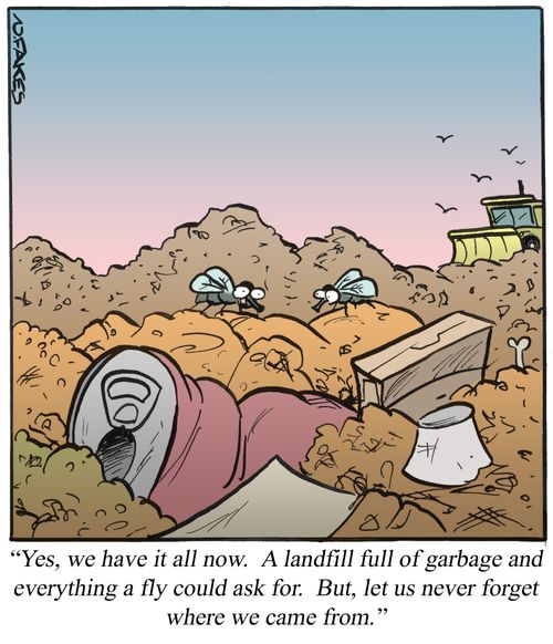 'Yes,we have it all now. A landfill full of garbage and everything a fly could ask for. But, let us never forget where we came from.'