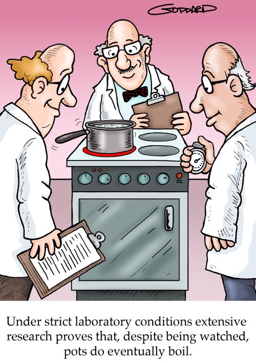Under strict laboratory conditions extensive research proves that, despite being watched, pots do eventually boil.