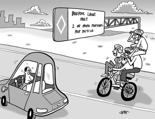 Several bikers are crowded onto a bicycle in a bikepool lane on the highway.